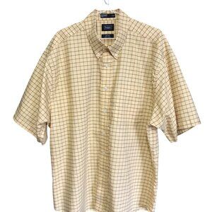 Haggar Men's Button-Down Oxford Shirt Easy Care Yellow Plaid Medium Weight Sz XL